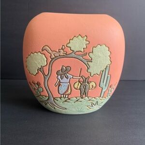 Vtg Aqua White Beige24k Gold Outlined Mexican Woman Donkey Vase 7.75” h x 7”